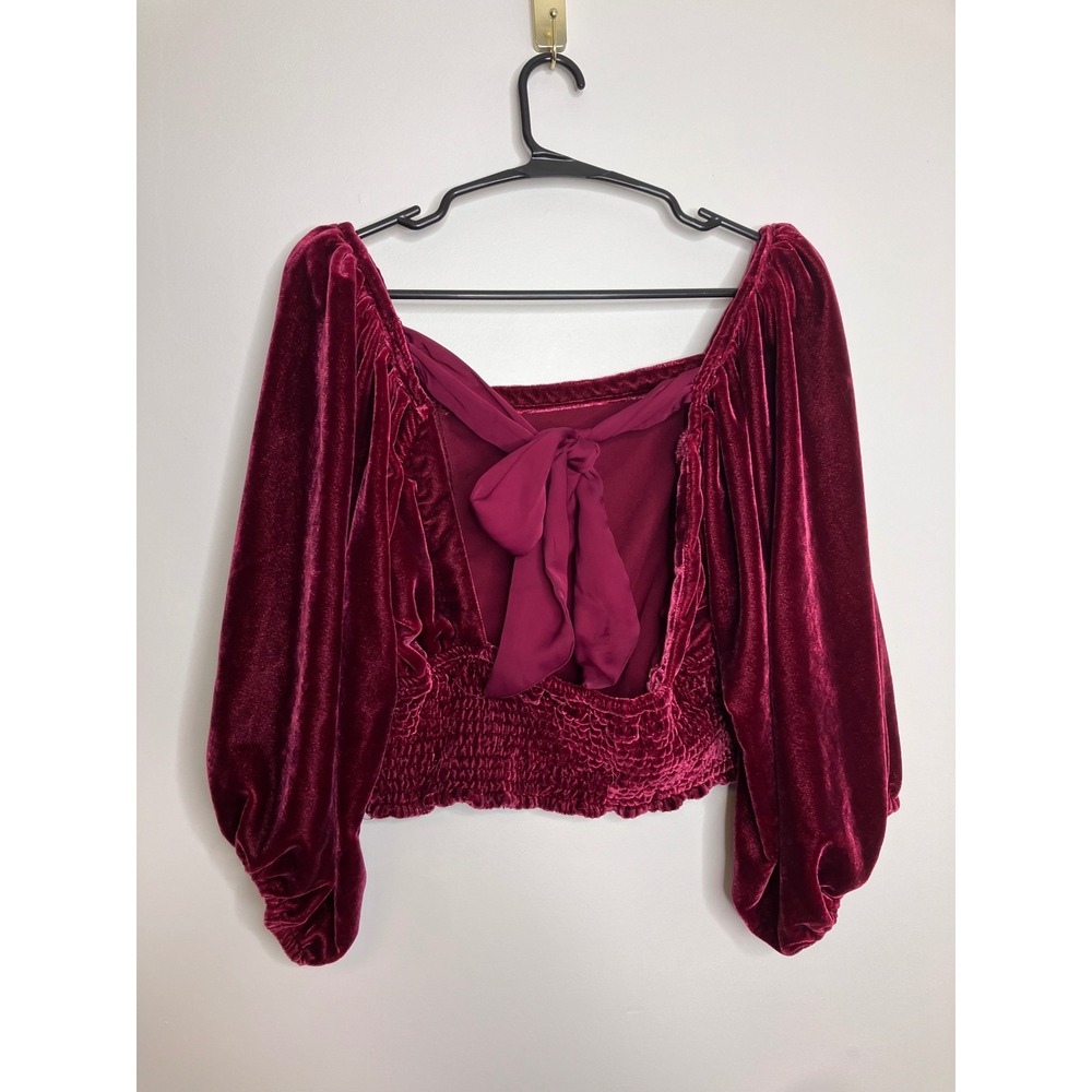 Free People Velvet Crop Top Womens L Burgundy Excellent Puff Sleeve Tie Back - Picture 5 of 9